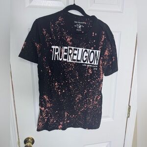 True Religion Black Tee with Pink Splatter and White Logo